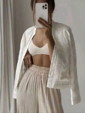 ZARA Embroidered Linen Blend Button Front Overshirt Jacket Cream   Medium NWT